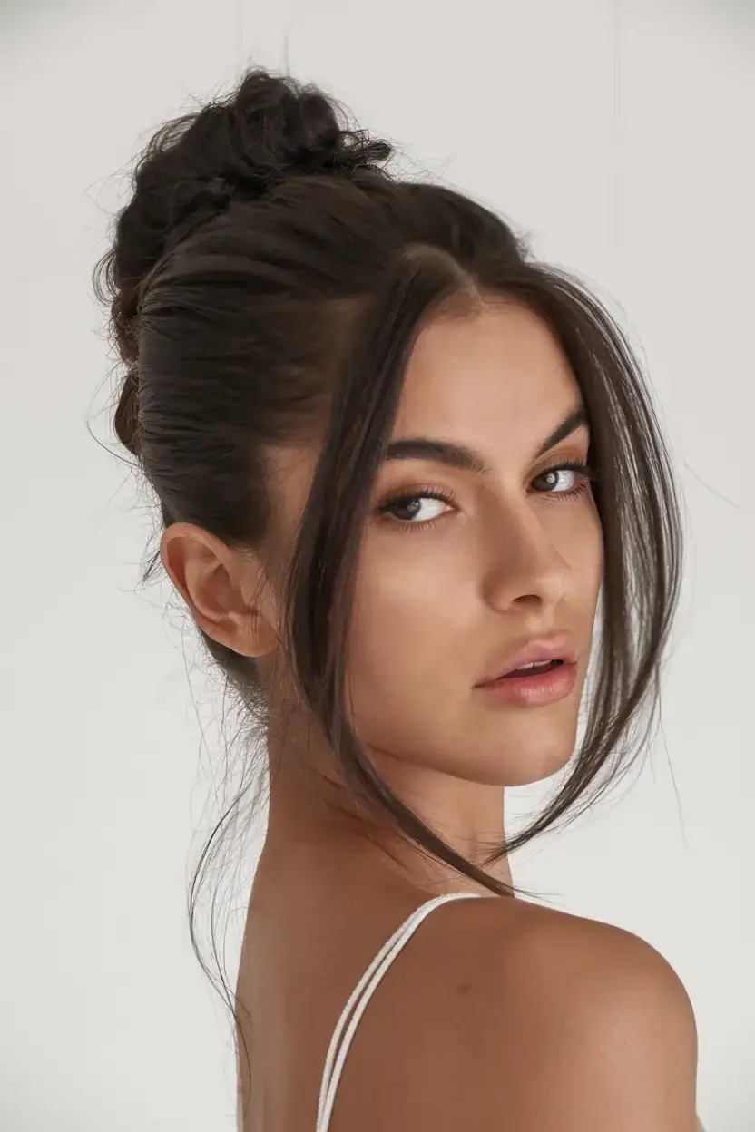 summer buns hairstyle 2025+Textured Top Knot with Curtain Tendrils