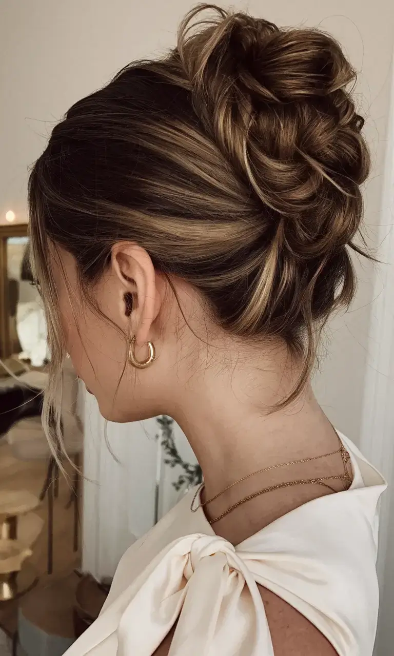 summer buns hairstyle 2025+Boho Twist Bun with Highlighted Dimension