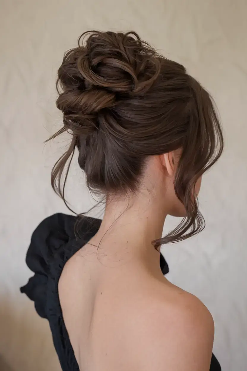 summer buns hairstyle 2025+Romantic Looped Bun with Loose Waves