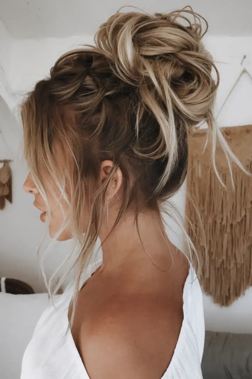 summer buns hairstyle 2025 Sun-Lifted Messy Bun with Balayage Drama