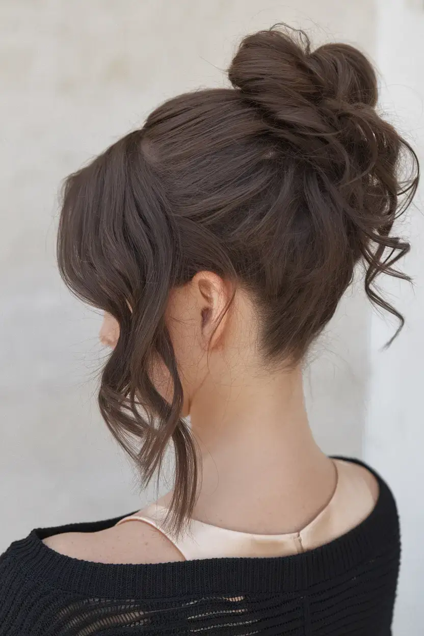 summer buns hairstyle 2025 Glossy Brunette Bun with Loose Front Spirals