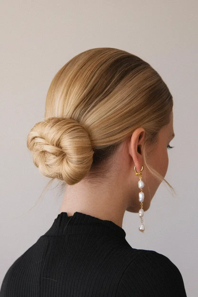 summer buns hairstyle 2025 Low Sleek Chignon with Golden Finish