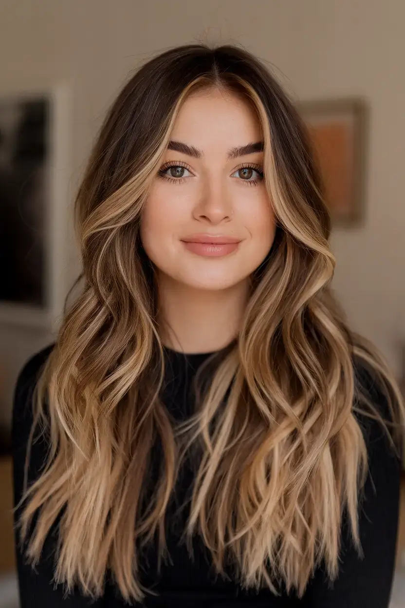 summer hair color for brunettes highlights sun kissed 2025 Buttery Blonde Ribbons on Deep Brunette Flow