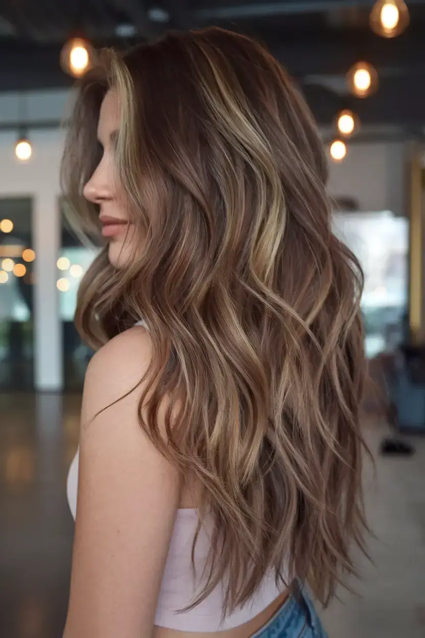 summer hair color for brunettes highlights sun kissed 2025+Toasted Mocha Waves with Blonde Ribbons