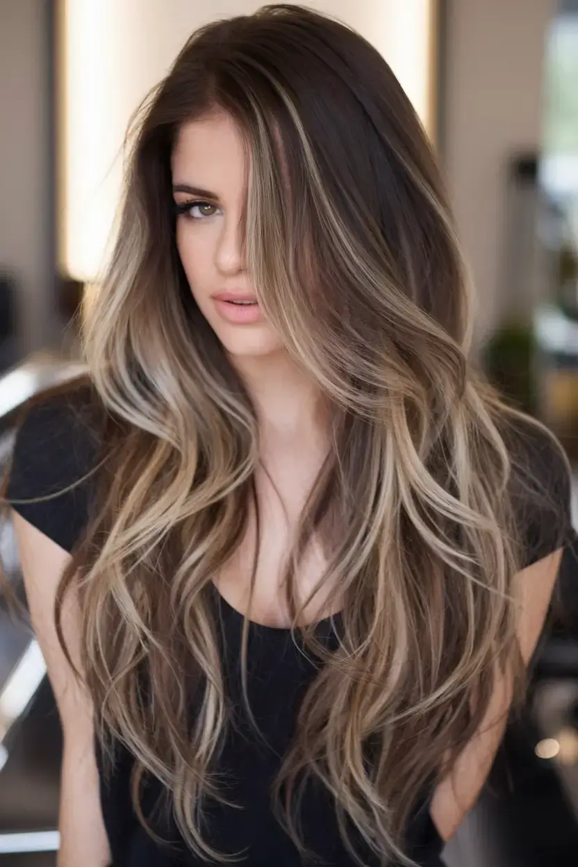 summer hair color for brunettes highlights sun kissed 2025+Cool Brunette Fade with Pearl Blonde Highlights