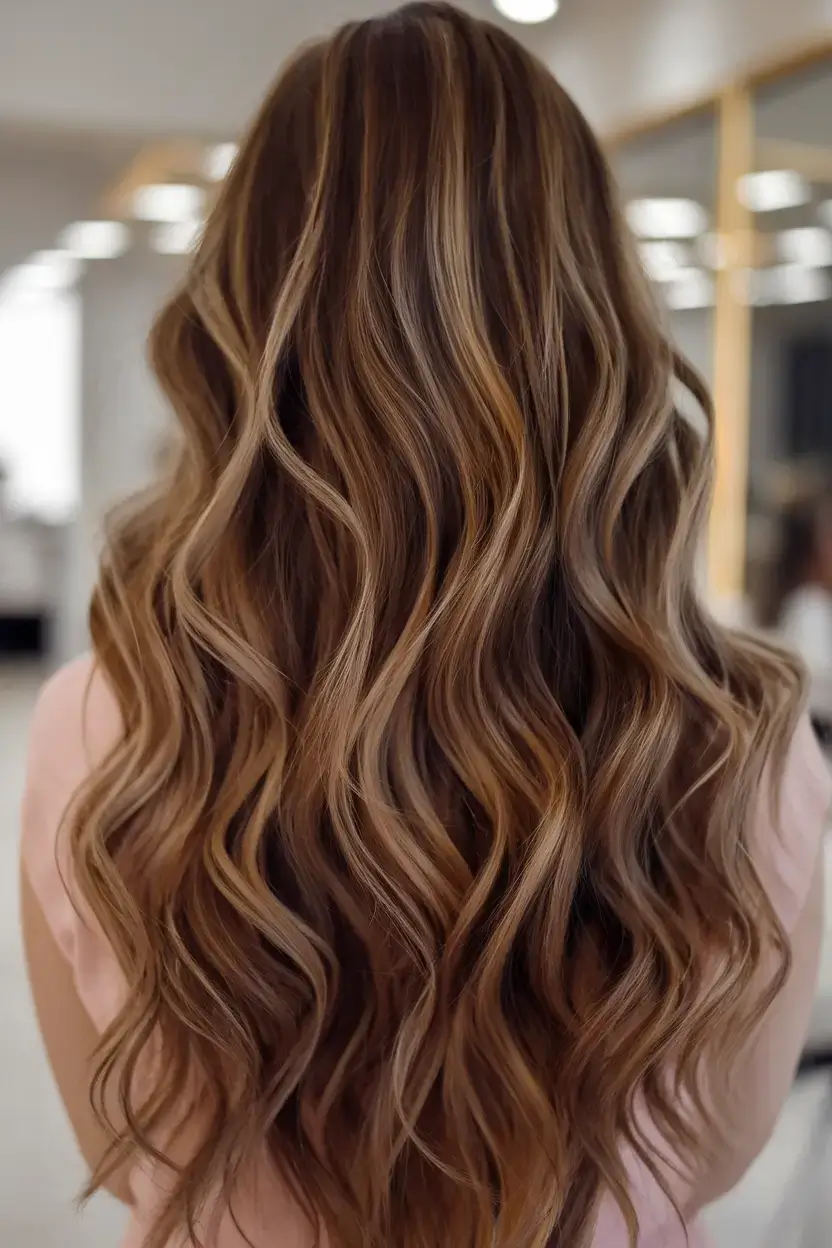 summer hair color for brunettes highlights sun kissed 2025+Golden Cocoa Ribbons on Warm Chestnut Waves