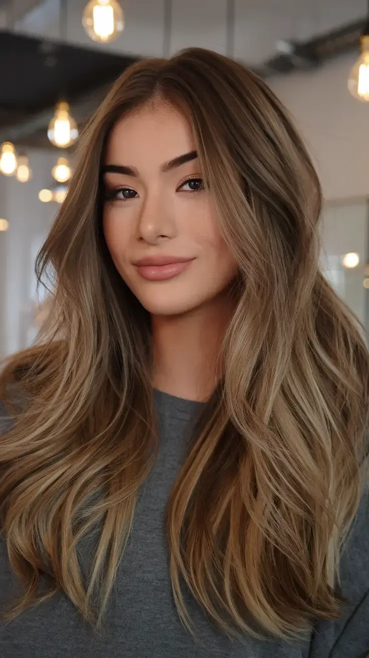 summer hair color for brunettes highlights sun kissed 2025 Golden Taupe S-Waves with Glossy Flow