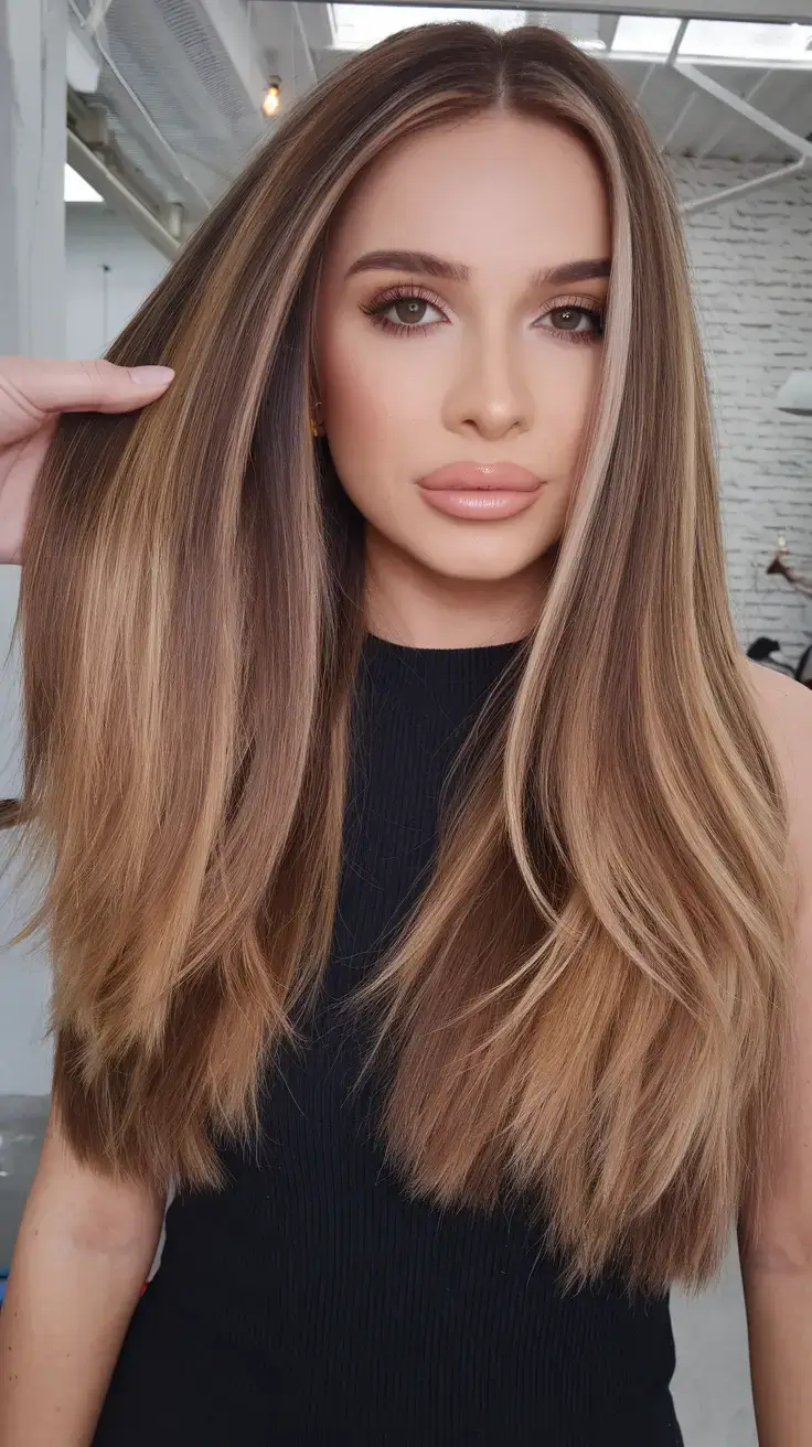 summer hair color for brunettes highlights sun kissed 2025 High-Gloss Walnut Brunette with Butterscotch Streaks