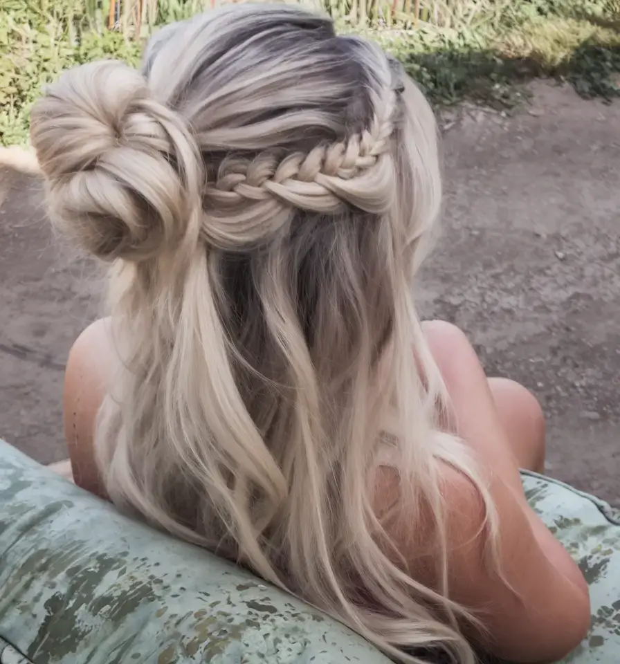 summer hairstyles for long hair 2025 Half-Up Side Bun with Waterfall Braid