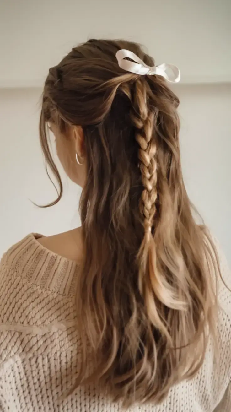 summer hairstyles for long hair 2025 Ribbon-Tied Braid with Soft Half-Up Texture