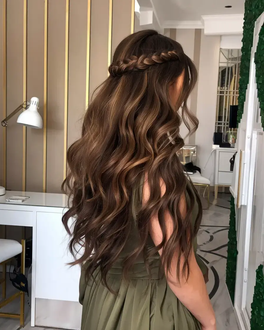 summer hairstyles for long hair 2025 Crown Braid with Glossy Summer Waves
