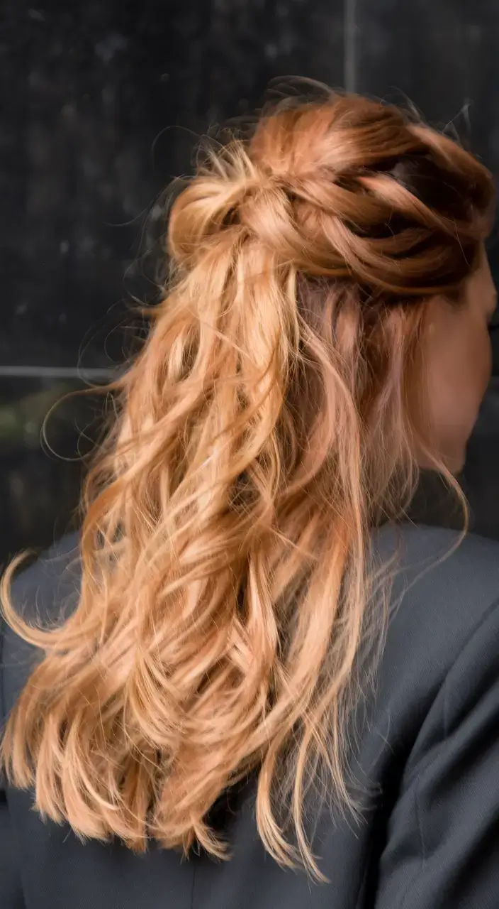 summer hairstyles for long hair 2025 Half-Up Twisted Waves in Caramel Copper