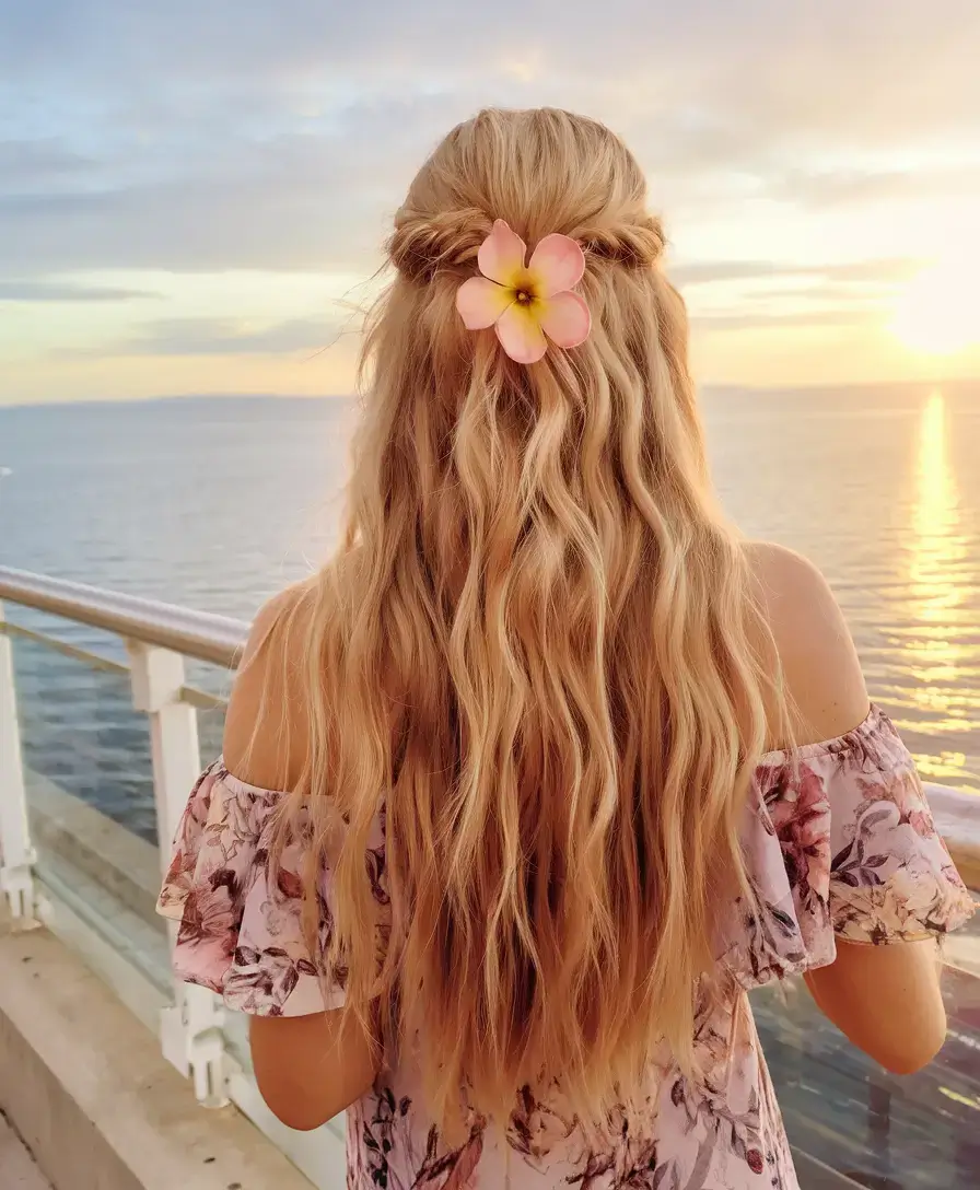 summer hairstyles for long hair 2025 Romantic Waves and a Sunset-Worthy Flower Clip