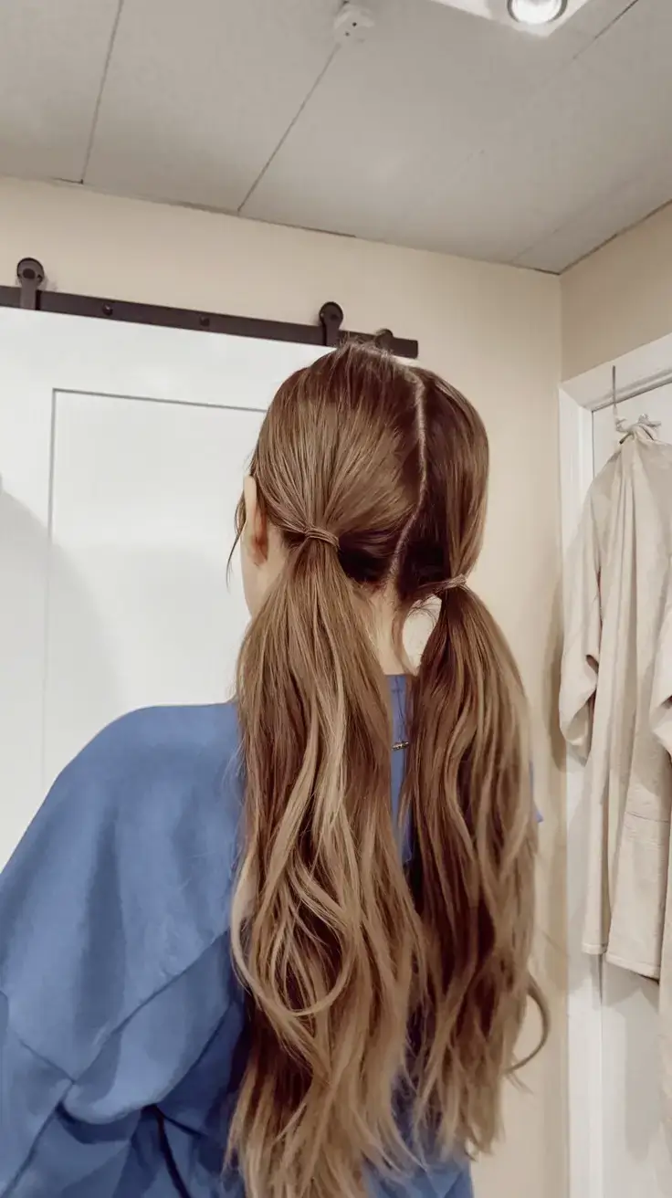 summer hairstyles for long hair 2025 Split and Tied Double Ponytail with Loose Waves