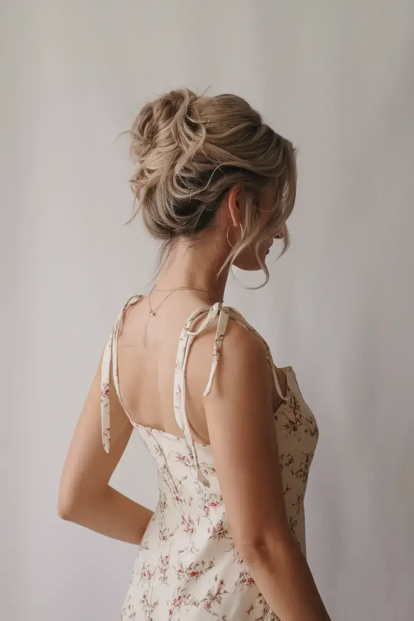 summer hairstyles for long hair 2025 Messy Summer Updo with Face-Framing Bangs