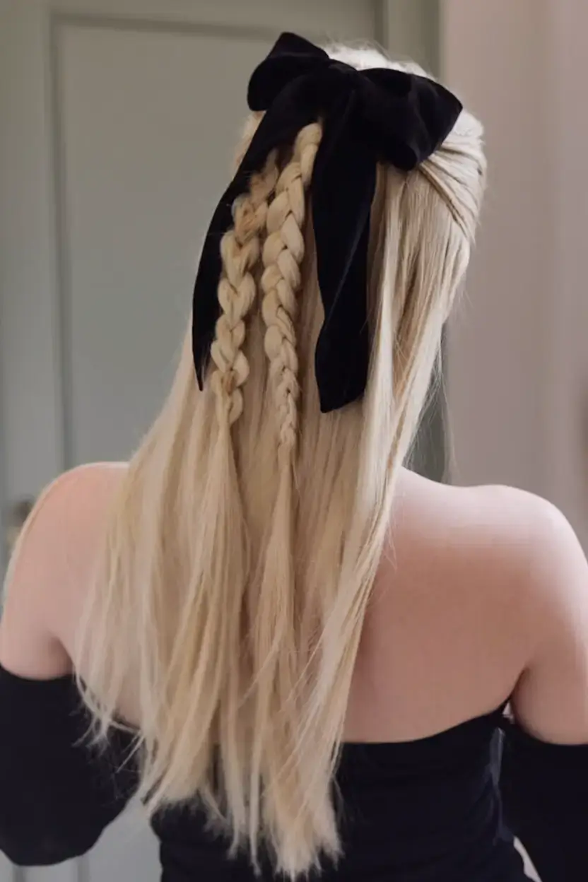 summer hairstyles for long hair 2025 Double Braids and a Velvet Bow Moment