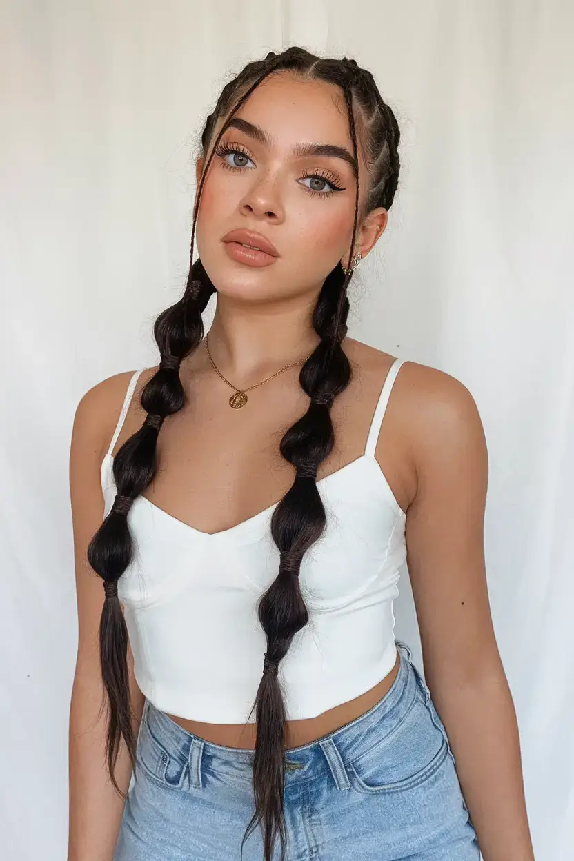 summer hairstyles for long hair 2025 Double Braided Bubble Ponytails
