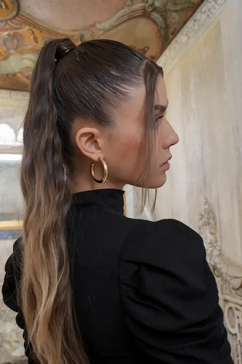 summer hairstyles for long hair 2025 High Pony with Ribbon Waves and Sleek Crown
