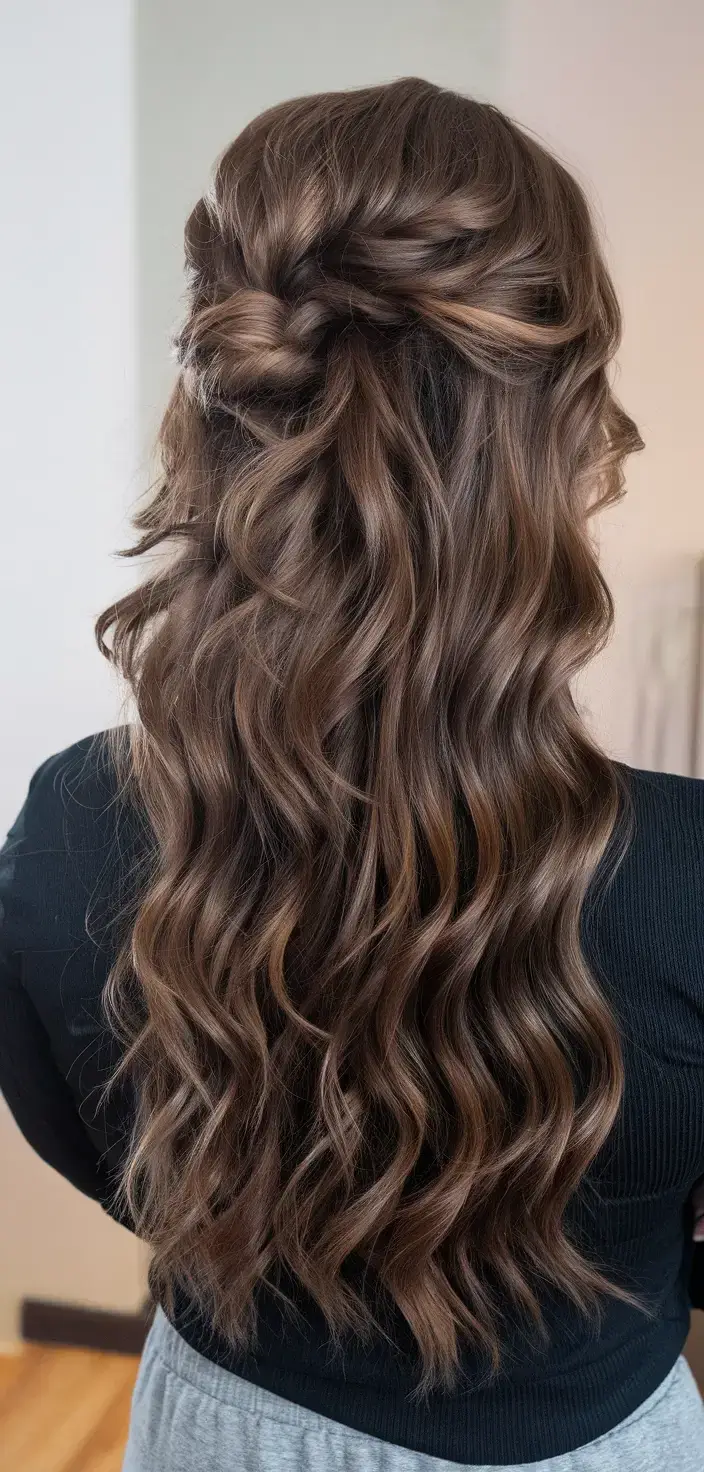summer hairstyles for long hair 2025 Twisted Half-Up Waves with Chocolate Gloss