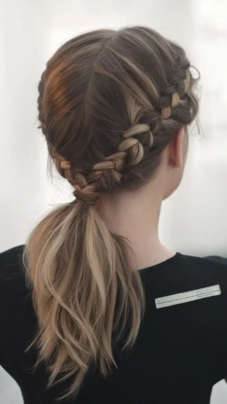 summer hairstyles for medium hair 2025 Double Braided Crown into Soft Ponytail