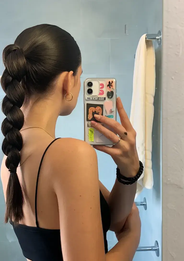 summer hairstyles for medium hair 2025 Glossy Bubble Braid with Sleek Precision