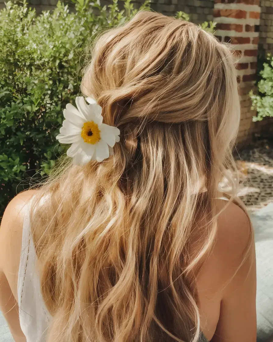 summer hairstyles for medium hair 2025 Half-Up Waves with Floral Accent