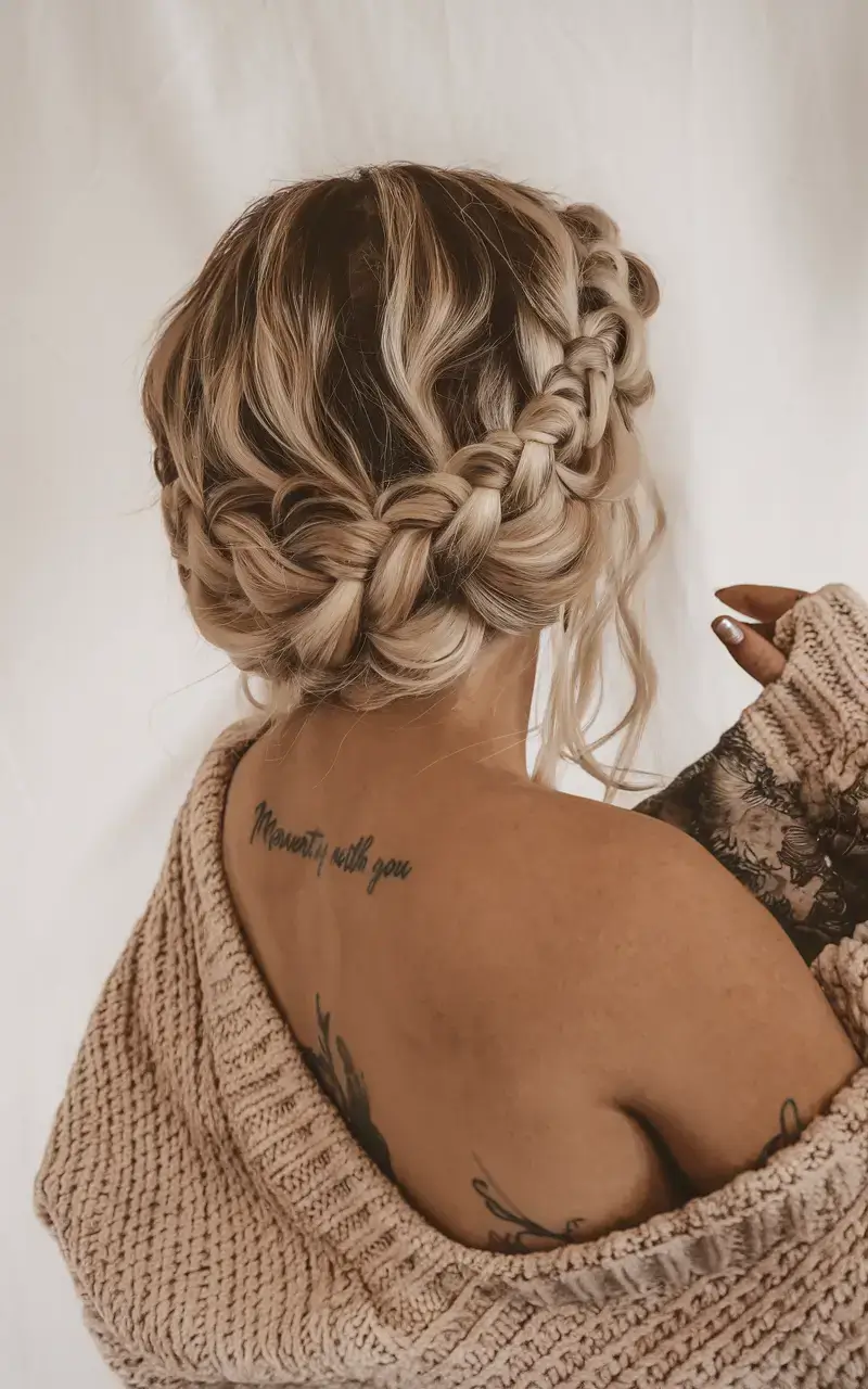 summer hairstyles for medium hair 2025 Romantic Braided Crown with Loose Tendrils