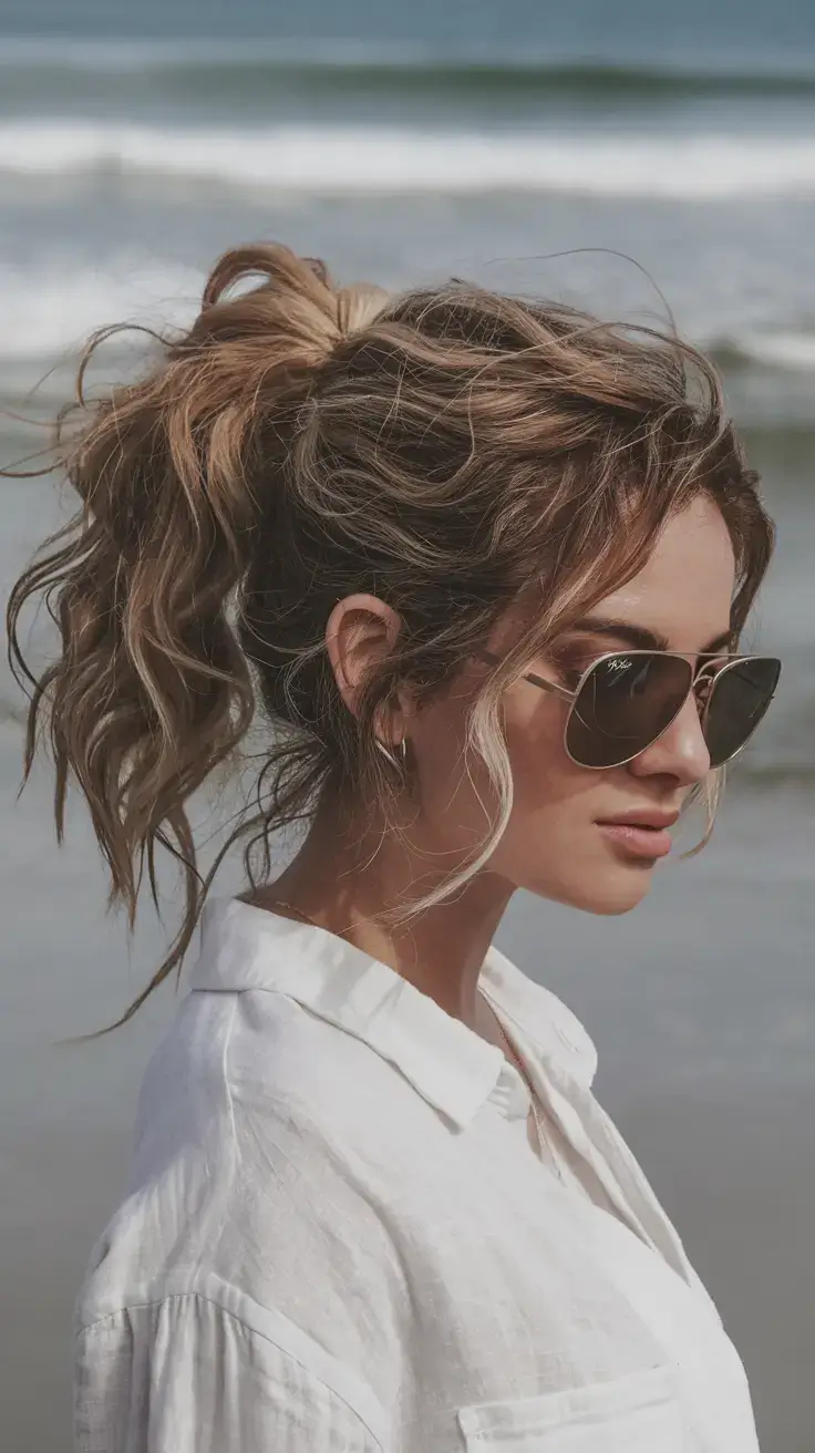 summer hairstyles for medium hair 2025 Beachy High Pony with Face-Framing Strands