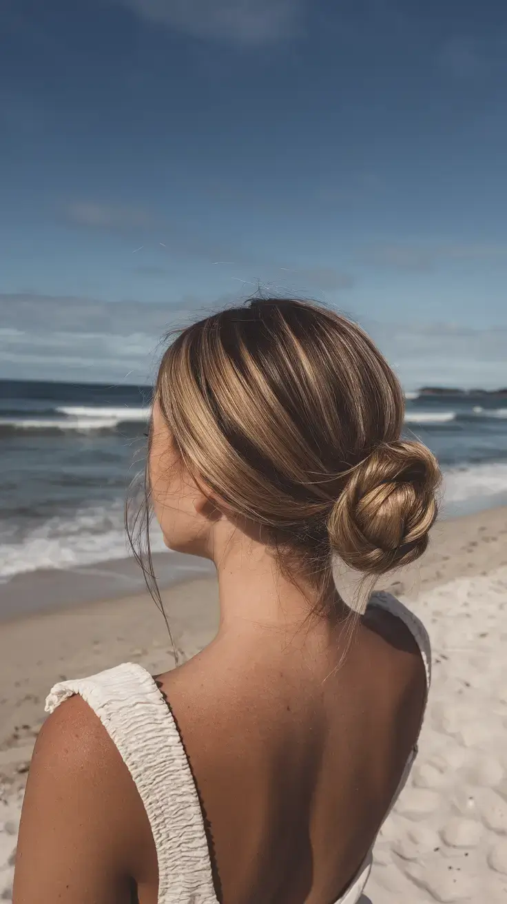 summer hairstyles for medium hair 2025 Low Beach Bun with Dimensional Highlights