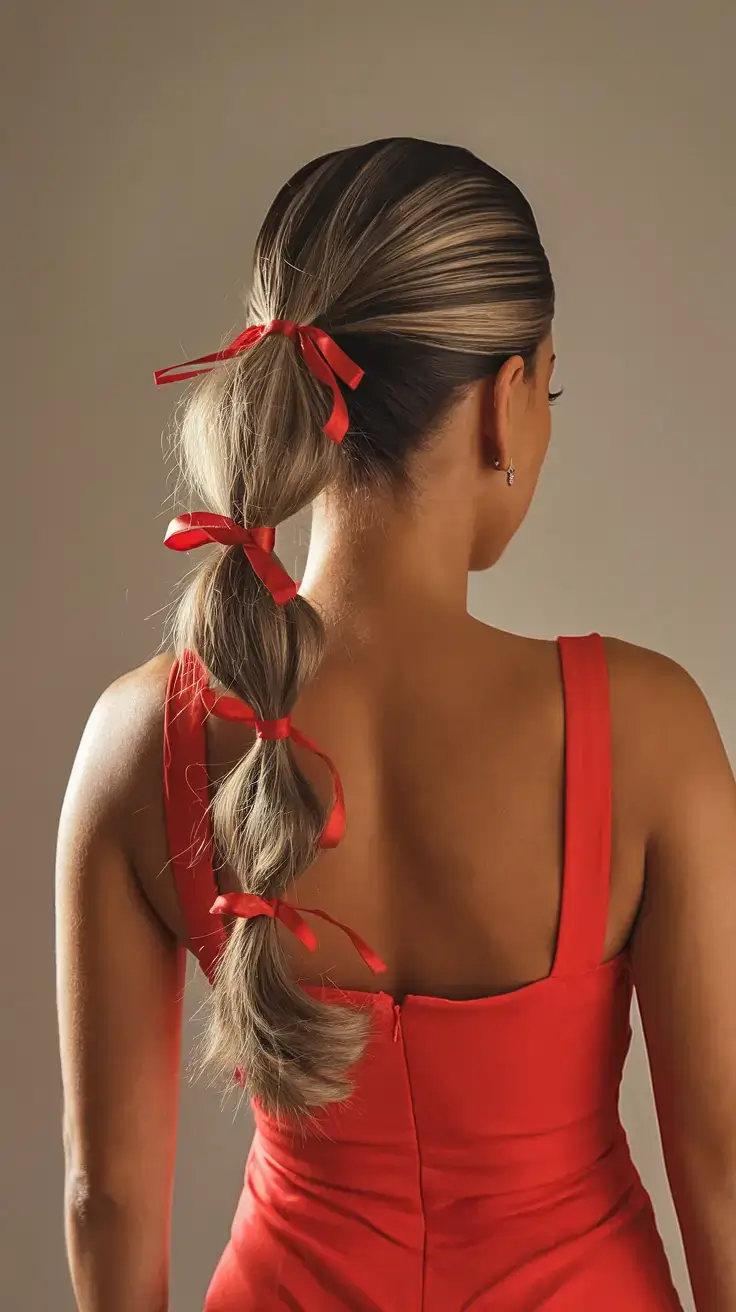 summer hairstyles for medium hair 2025 Playful Bubble Ponytail with Red Ribbons