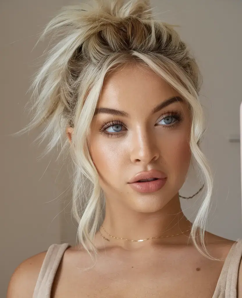 summer hairstyles for medium hair 2025 Messy Top Knot with Soft Curtain Bangs