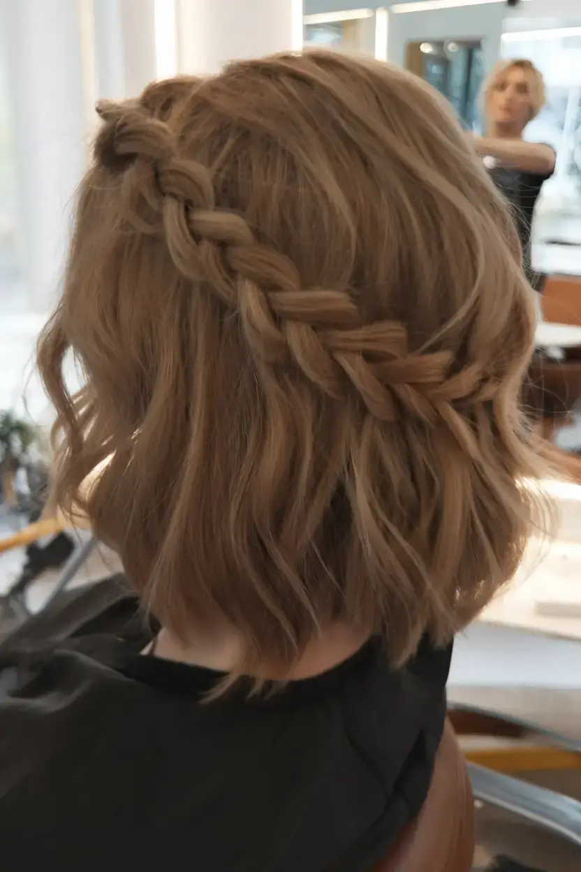 summer hairstyles for short hair 2025+Diagonal Crown Braid on Tousled Waves