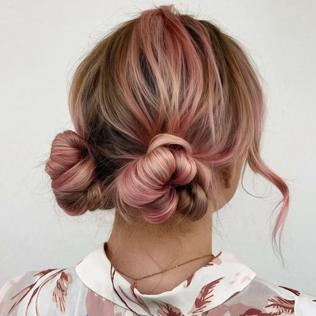 summer hairstyles for short hair 2025+Rosy Double Buns on Pastel Hair