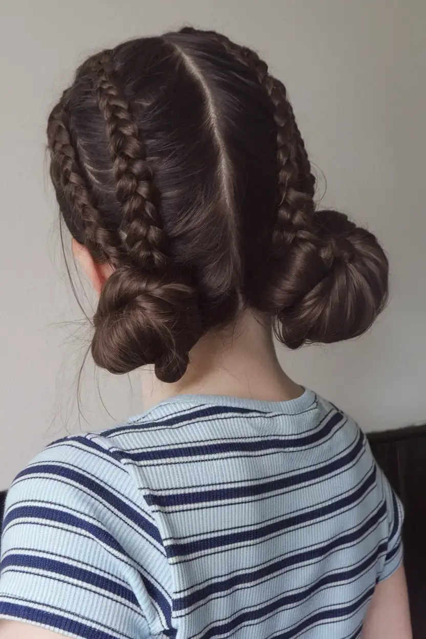 summer hairstyles for short hair 2025+Double Dutch Braids Into Low Buns