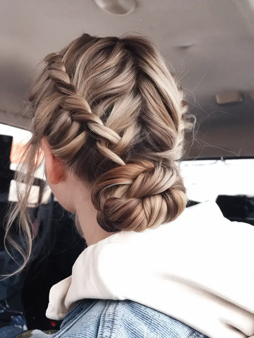 summer hairstyles for short hair 2025+Loose Side Braid into Knotted Bun