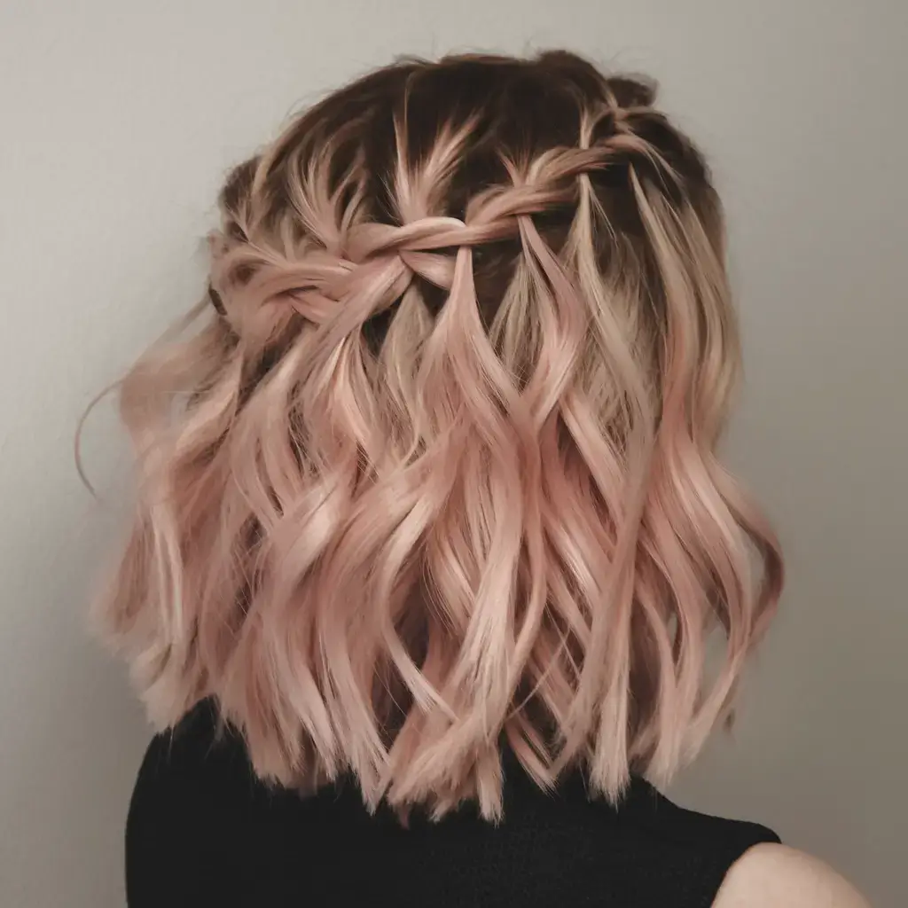 summer hairstyles for short hair 2025+Soft Waterfall Braid on Blush Blonde