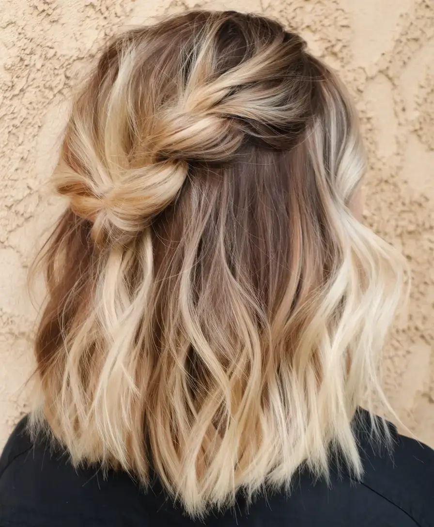 summer hairstyles for short hair 2025+Textured Blonde Twist Half-Up