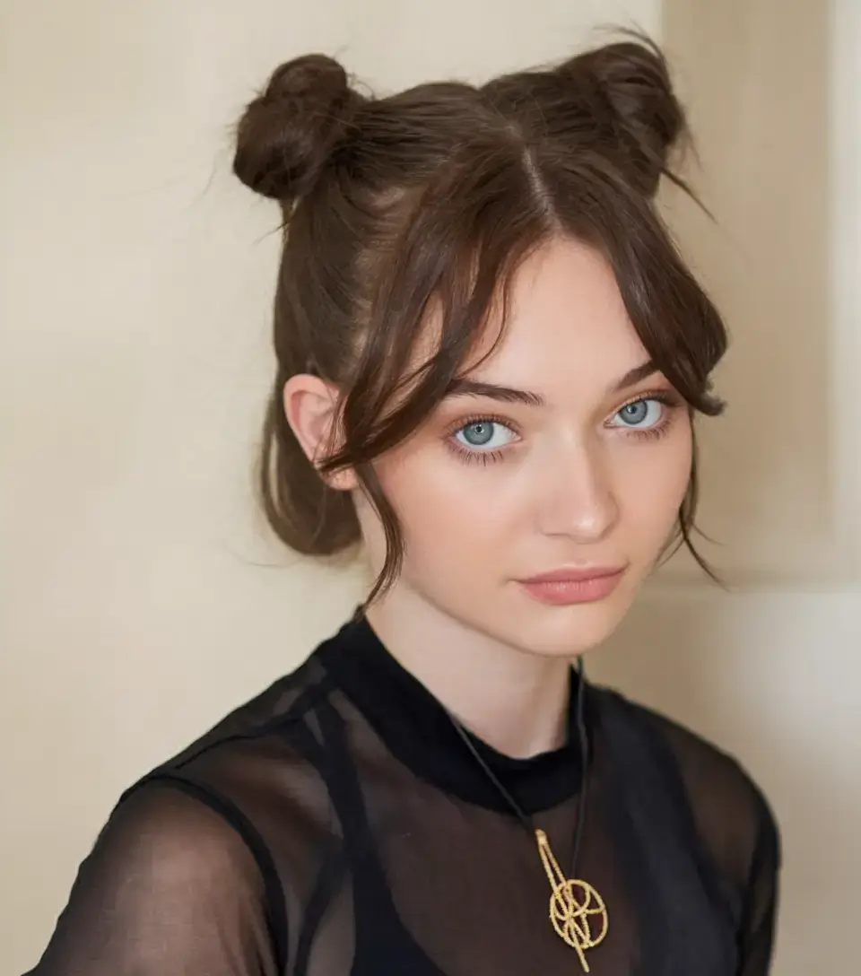 summer hairstyles for short hair 2025+Space Buns with Curtain Bangs