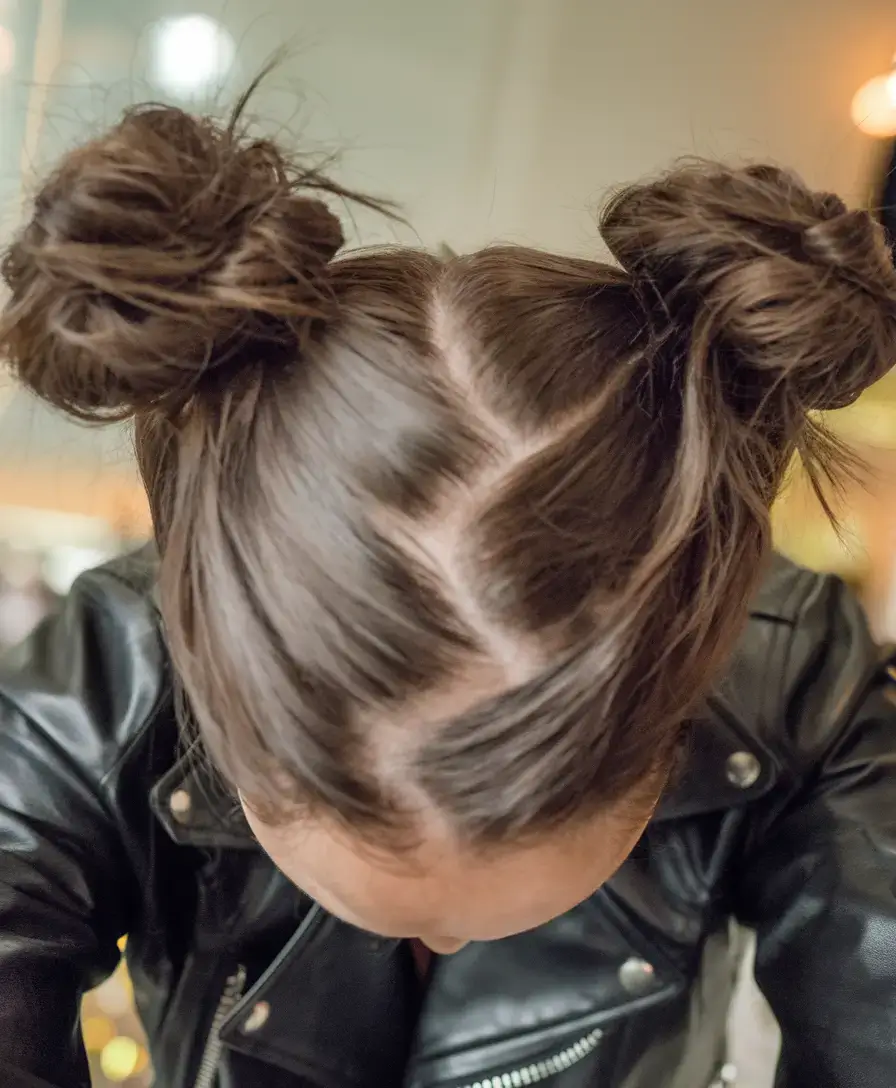 summer hairstyles for short hair 2025+Voluminous Double Buns with Razor Part