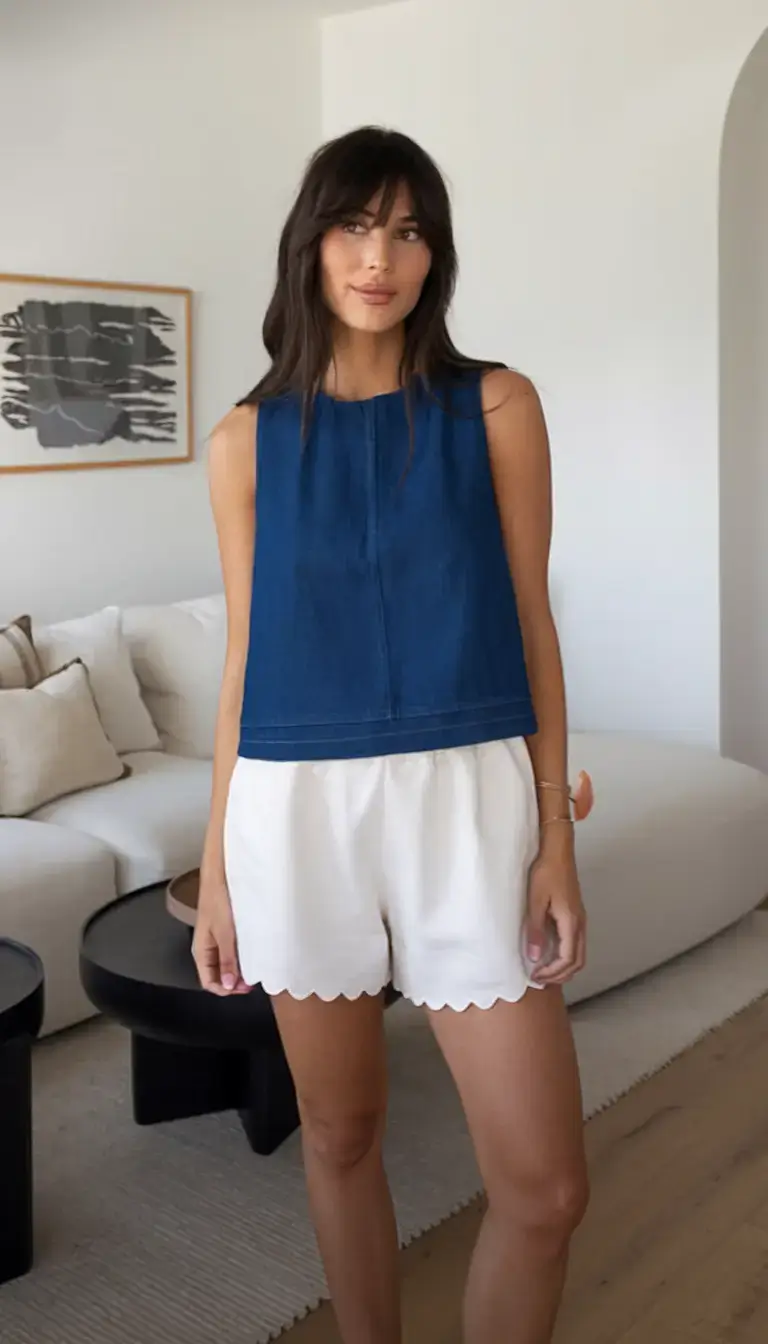 summer mom outfit trends 2025 Chic Contrast with a Feminine Finish