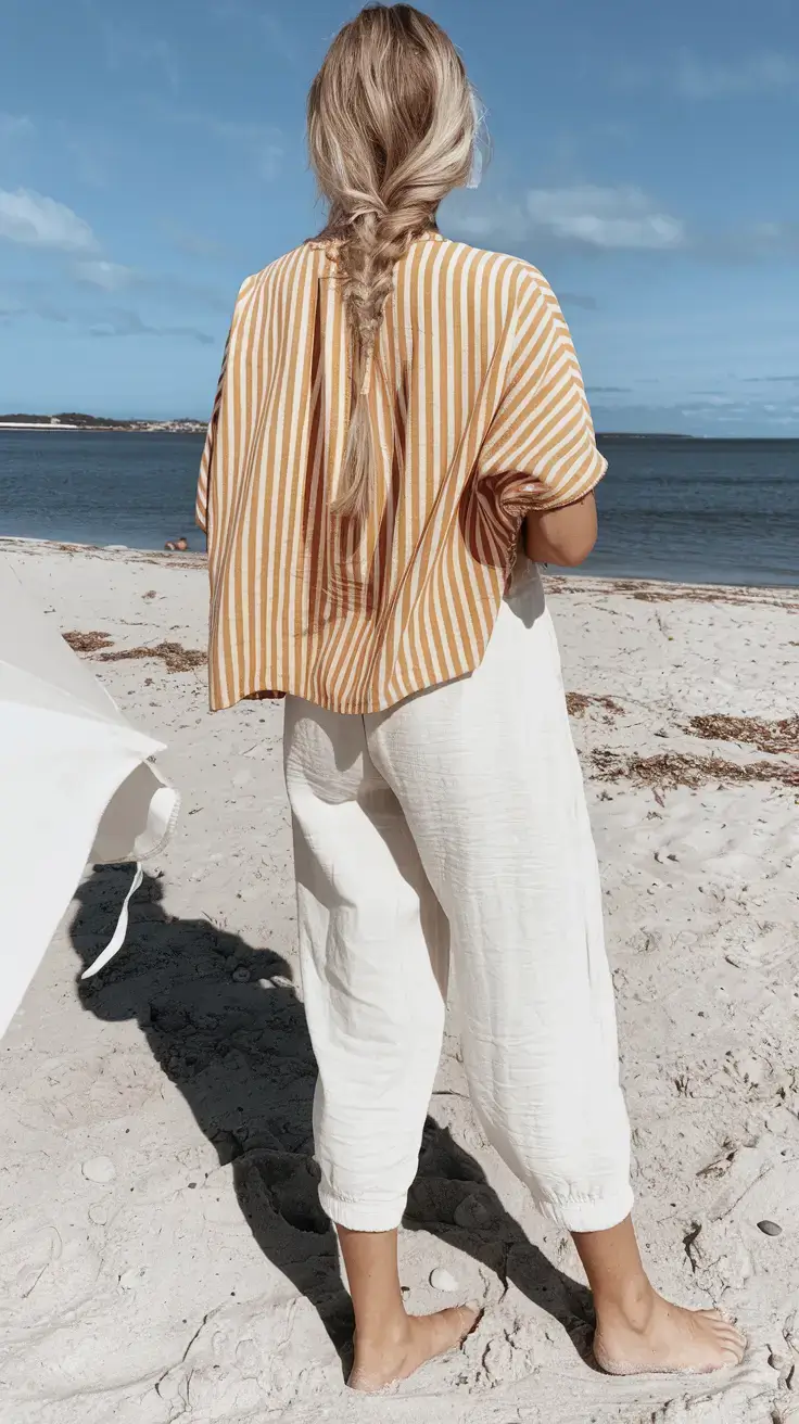 summer mom outfit trends 2025 Striped Linen That Screams Coastal Calm