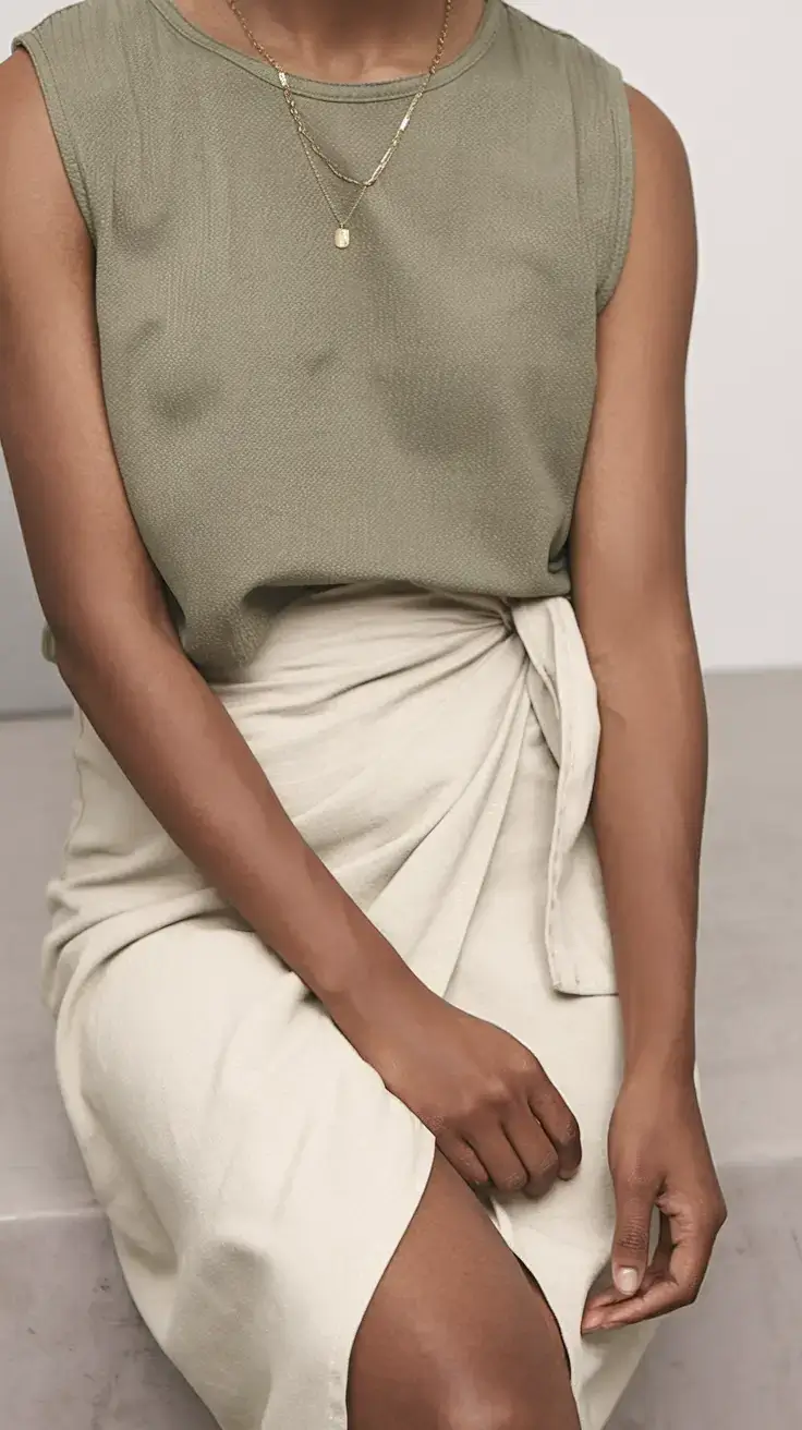 summer mom outfit trends 2025 Muted Greens and Natural Wraps