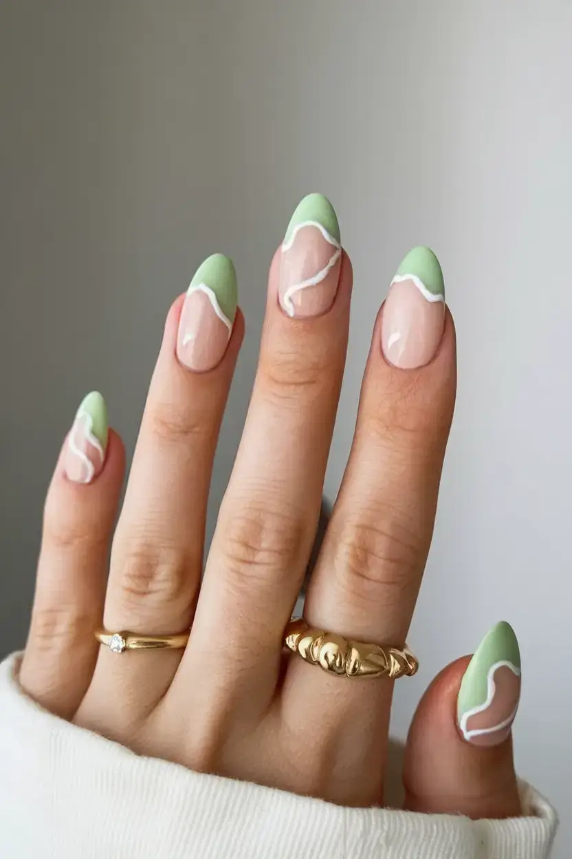 summer nail art ideas 2025 Matte Mint with Cloudy White Lines