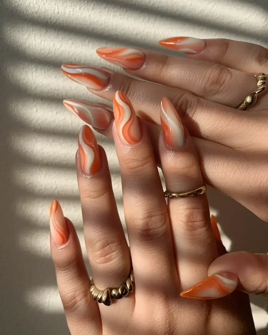 summer nail art ideas 2025 Tangerine Dream Waves