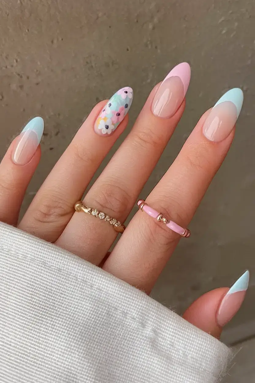 summer nail art ideas 2025 Cotton Candy French with Floral Accent