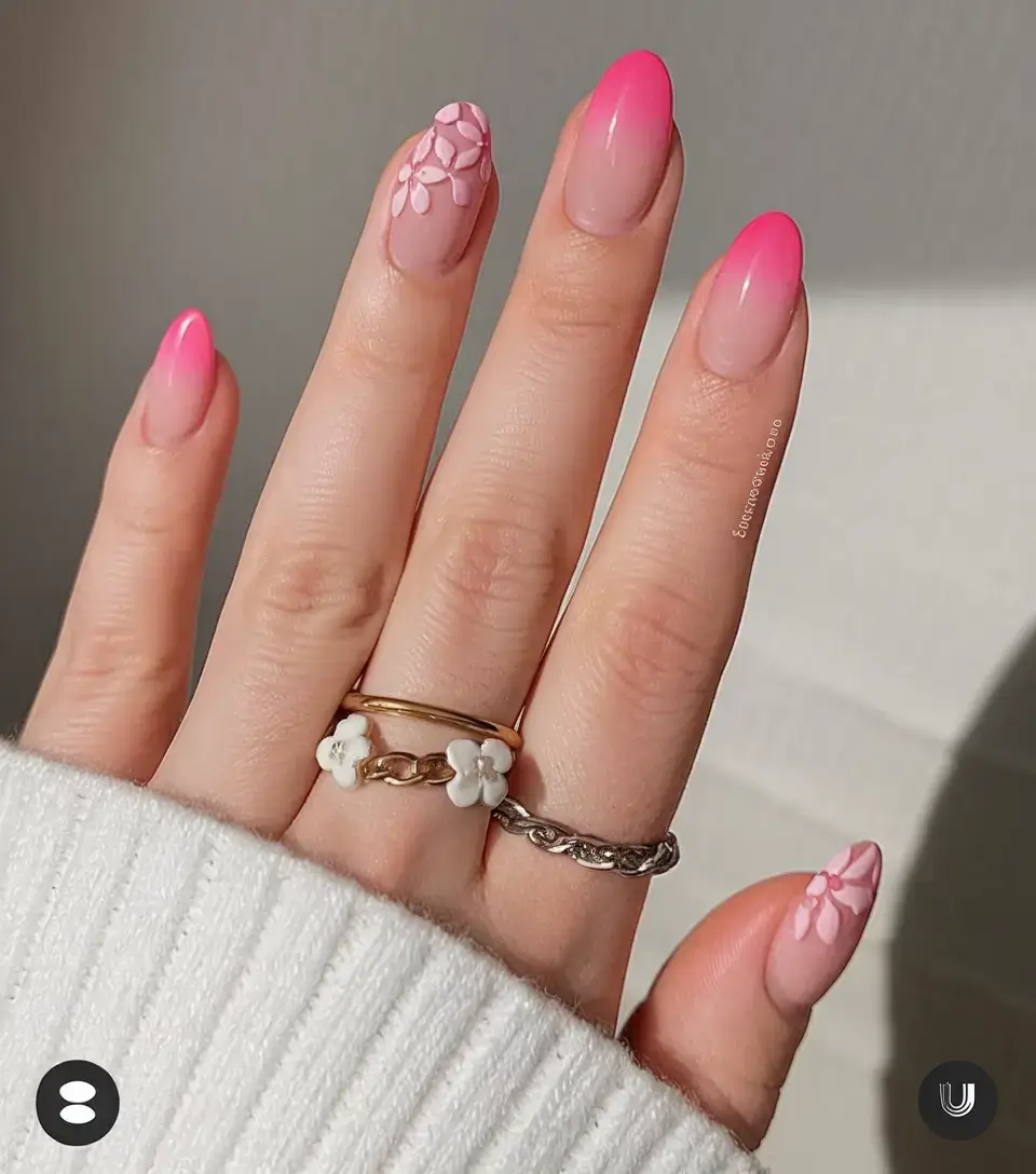 summer nail art ideas 2025 Pink Petal Fade with 3D Floral Touch