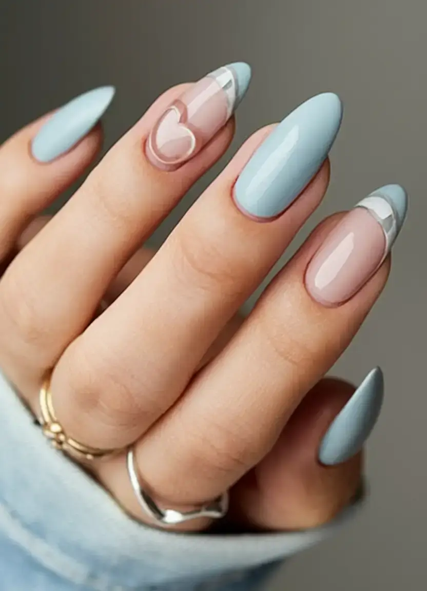 summer nail art ideas 2025 Powder Blue Cutout Heart Tips