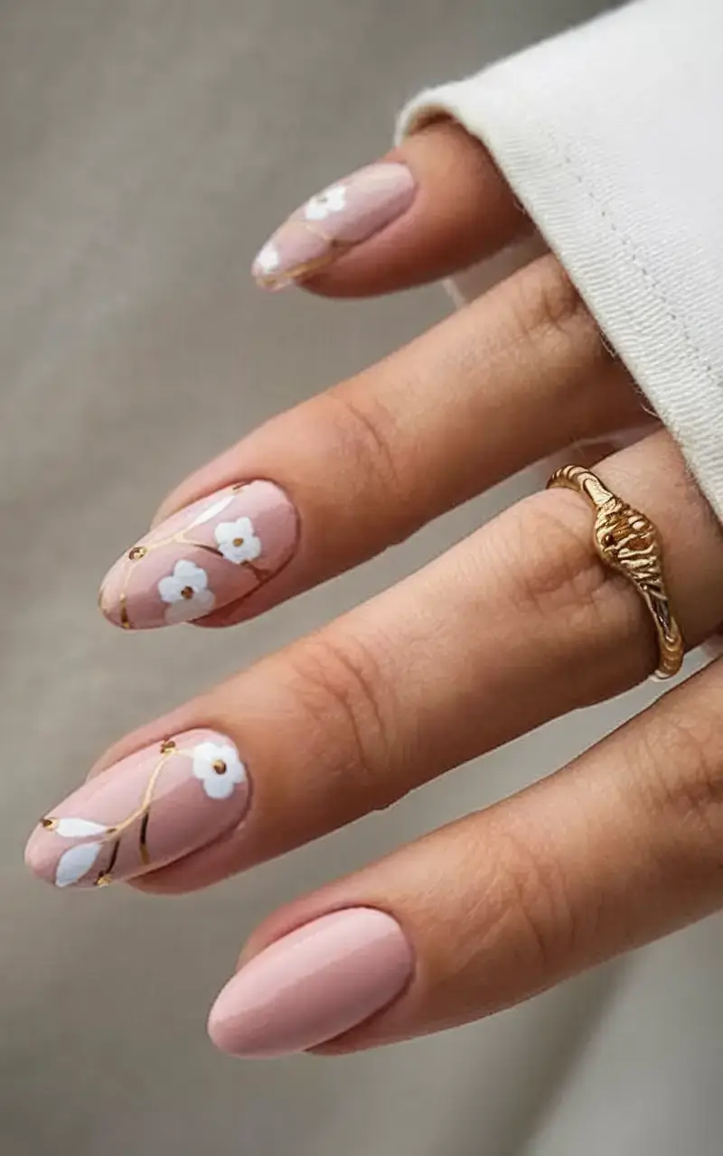 summer nail art ideas 2025 Chic Blush and Gold Botanical Blooms