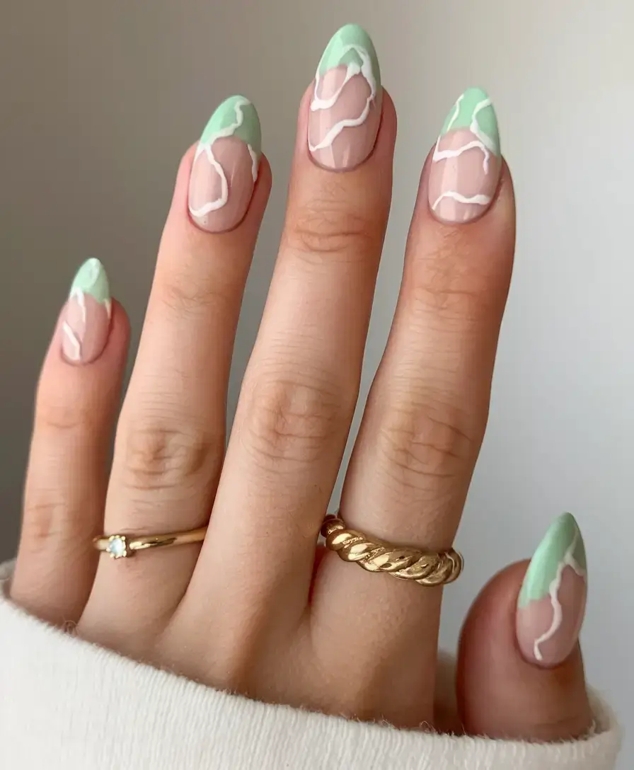 summer nail art ideas 2025 Mint Cracked Tips with Modern Edges