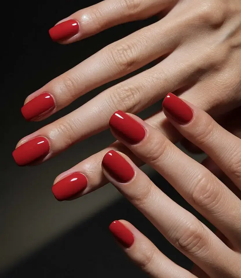 summer nail colors ideas 2025 Classic Cherry Red in a Clean Square Shape